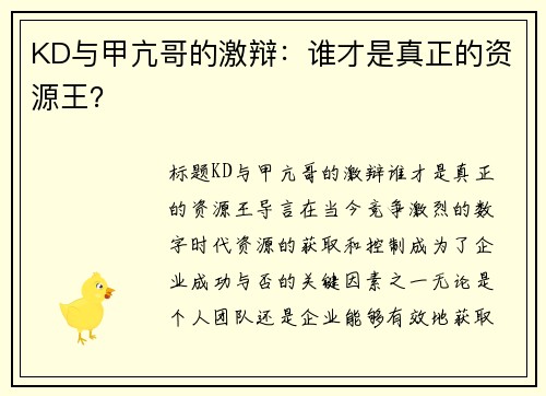 KD与甲亢哥的激辩：谁才是真正的资源王？