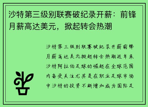 沙特第三级别联赛破纪录开薪：前锋月薪高达美元，掀起转会热潮