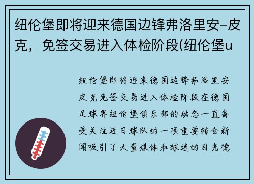 纽伦堡即将迎来德国边锋弗洛里安-皮克，免签交易进入体检阶段(纽伦堡ufo)