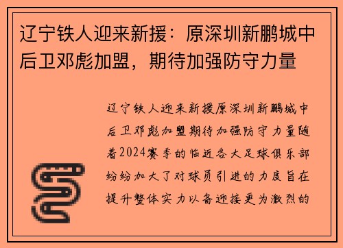 辽宁铁人迎来新援：原深圳新鹏城中后卫邓彪加盟，期待加强防守力量
