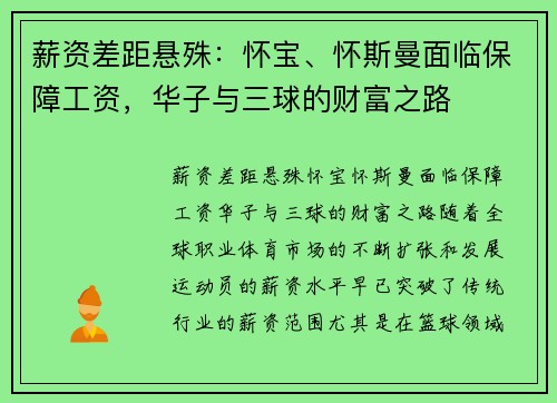 薪资差距悬殊：怀宝、怀斯曼面临保障工资，华子与三球的财富之路
